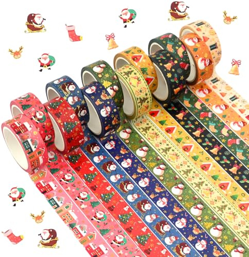 12 Rouleaux Ruban Washi de Noël Rubans de Vacances Décoratifs en Feuille d'or Ruban de Masquage Multi-motifs Autocollant en Papier Auto-adhésif Japonais Ruban Artisanal pour Emballage Cadeau Carte (A)