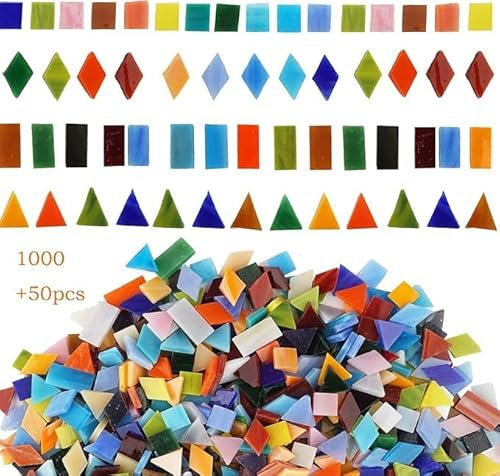 CHICSHIS 1050 PCS Mixed Shapes Mosaic Tiles for Art and Crafts, Vibrant Stained Glass Pieces for DIY Mosaic Projects, Tiles of Coloured Glass Kits for Adult, Ideal for Beginner