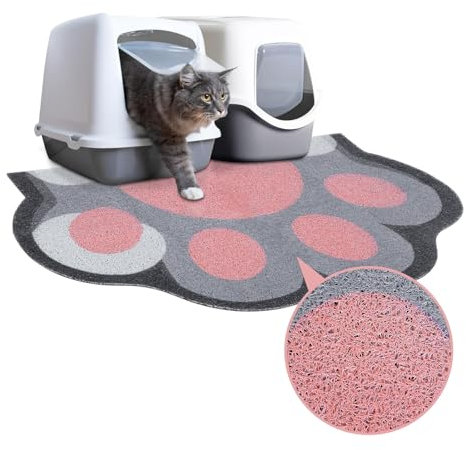 Katzentoilette Matte, 90 x 60 cm Katzenklo Matte Groß für Katzenklo, rutschfest und wasserdicht Katzenstreu Matte, leicht zu reinigen, niedliche weiche PVC Katzenklo Unterlage, Grau + Rosa