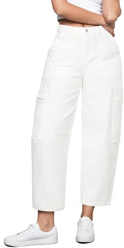 GRAPENT Women's Wide Leg High Waisted Ankle Length Balloon Jeans - Cream White, Size 8-10