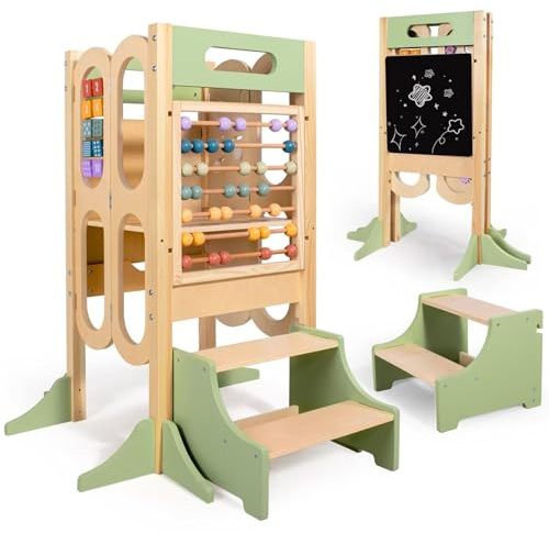 aiwo 6in1 Foldable Toddler Tower with 2-Step Stool Kitchen Standing Stool, 3 Adjustable Heights, Chalk-Whiteboard & Learning Activity Games