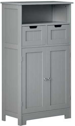 kleankin Meuble de Salle de Bain, Meuble de Rangement avec 2 tiroirs, Niche, Placard avec Porte, étagère réglable, Armoire de Salle de Bain, Cuisine, Salon, 60 x 30 x 109 cm, Gris