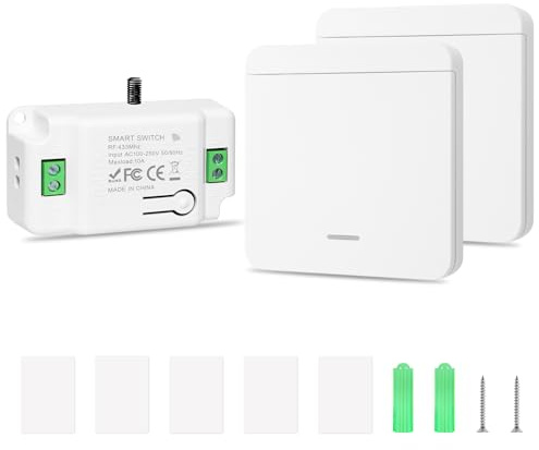 RDTOK Interruttore Senza Fili RF433 con Ricevitore, Interruttore Luce Wireless 230V 10A Senza Cablaggio, Installazione Semplice per Luci, Lampade e Plafoniere in Casa (1 ricevitore e 2 interruttori)