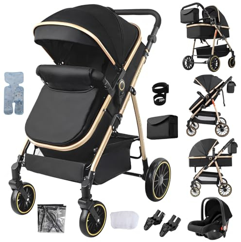 Aveainelle 3 in 1 Baby Stroller, Travel System Reclining and Reversible, One-Click Folding Pushchair Pram, Infant Buggy with Complete Accessories, Front and Rear Wheel Dual Brake Mode (Black Gold)