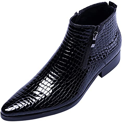 Santimon Men's Ankle Patent Leather Fashion Plaid Zipper Pointed Toe Casual Boots Black 8.5 US