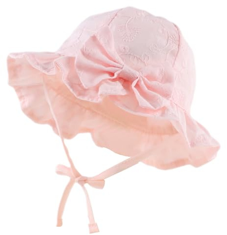 XIAOHAWANG Sommerhut Baby Mädchen Sonnenhut Mütze Baby Sommer Mützen Baumwolle Mit Schleife und Bindebändern (Rosa Stickerei, 46cm(3-6 Monate))