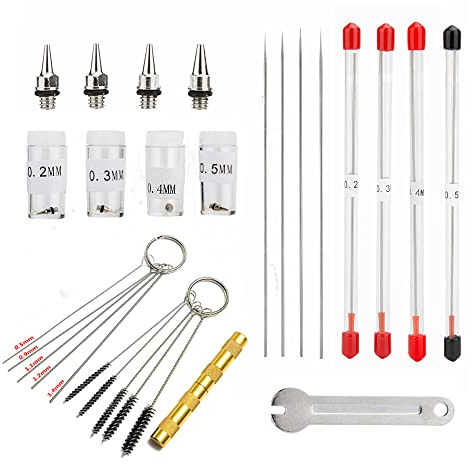 Uouteo Airbrush Nozzles & Needles Replacement Parts (0.2mm, 0.3mm, 0.4mm, 0.5mm) with 11 in 1 Cleaning Repair Tool for Airbrush Gun