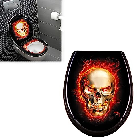 JOIEYOU Toilettensitz WC-Sitz aus Hartplastik Universal Toilettendeckel mit Absenkautomatik für alle handelsüblichen WC-Becken Schädel Flammen
