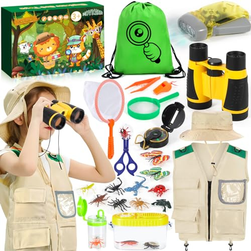 MOYKSRR Ensemble Explorateur Extérieur Jouets, Kit Aventurier Enfant avec Jumelles, Gilet Safari et Chapeau, Boussole, Boite Loupe Insecte - Cadeau de Jouets d'extérieur pour Enfants Garçons Filles