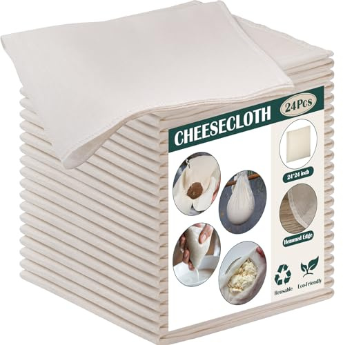 Reginary 24 Pcs 24 x 24 Inches Cheese Cloths Bulk, Grade 100, Hemmed Cheesecloth for Straining Unbleached Cotton Muslin Cloth Reusable for Cooking Baking Juicing Cheese Making