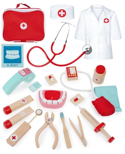 KidMigo Arztkoffer Kinder ab 3 Jahre, Holz Doktorkoffer Kinder, Zahnarzt Spielzeug mit Arztkoffer, Stetoskop Echt, Thermometer, Kinderarztkoffer Doktorspiele, Geschenk für 3 Jährige
