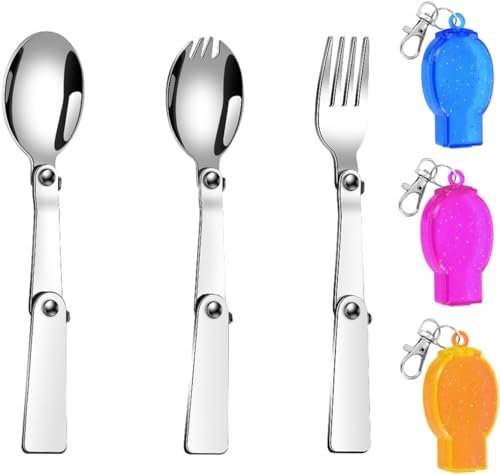 Cucchiaio pieghevole in acciaio inox, cucchiaio pieghevole e set di forchette con ganci, set di posate da campeggio per picnic e viaggi, 3 pezzi