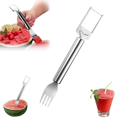 2-in-1 Stainless Steel Fruit Cutter, Upgraded Watermelon Slicer, Dual Head Fruit Forks for Home, Kitchen, Camping (1PCS)
