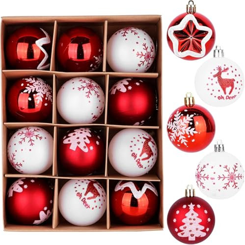 SHAVINGFUN Weihnachtsschmuck-Set aus Kunststoff, Rot, Weiß, 12 Stück, 6 cm, Christbaumschmuck, Dekorationen, Hängende Christbaumschmuck, Bruchsichere Weihnachtsdekoration für Drinnen und Draußen