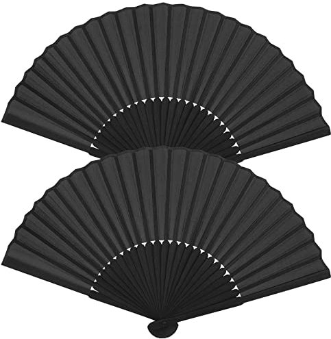 Leikedun 2 Pack Black Silk Fabric Hand Fans, Chinese Fan, Folding Hand Fan Handheld Fan for Wedding, Preference, Performance, Dancing,Home Decoration