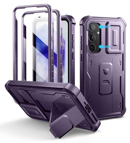 Dexnor Compatible avec Coque Samsung Galaxy A55【Double Cadre Avant et Support】 avec CaméRa Coulissante Intégrée & Protecteur d'écran, Coque de Protection Robuste Résistante Aux Chocs - Fantôme Violet