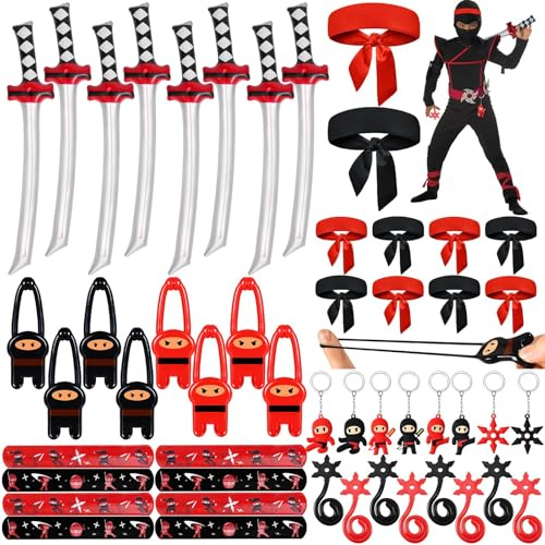 G.C 72Pcs Ninja Anniversaire Enfant Ninja Dress Foulard Porte Clés Bracelet Jeux Fronde Elasticité Viscosité Gonflables Accessoires Jouet Ninja Fête Pinata Anniversaire Remplissage pour Garcon Fillers