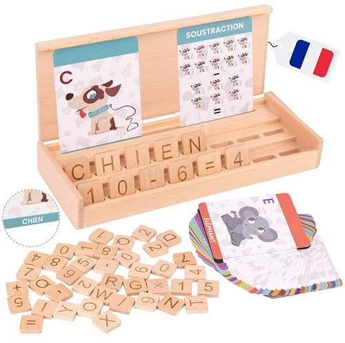 Montinatur Coffret Montessori 3 en 1 en Bois dès 3 Ans – Apprendre Les Lettres et Les Chiffres en Jouant – 52 palettes en Bois de hêtre + 54 Cartes – Jeu Éducatif sans écran, idée Cadeau