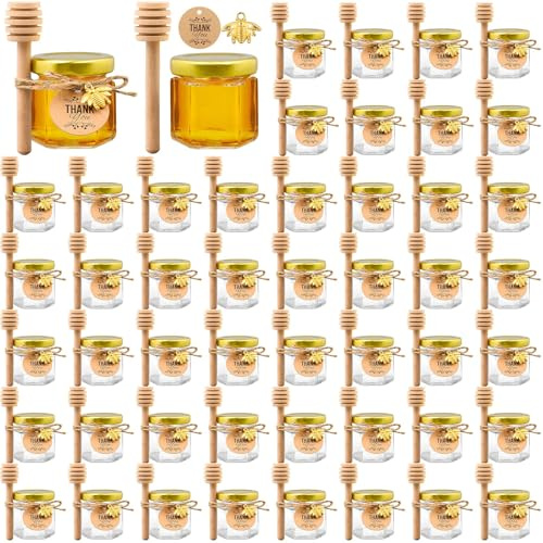 ASMIZ 50 Stück 45 ml Hexagon-Glas-Honiggläser mit Golddeckel