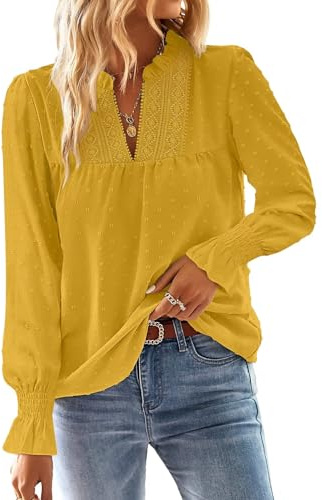 TUUHAW Tops for Women UK Elegant V Neck Autumn Flowy Ruffled Lace Blouse | Trendy Flowy Autumn Blouse, Ruffled Long Sleeves, Dressy Casual Bohemian Tunic, Swiss Dot Lace Edges, Casual Chiffon Style