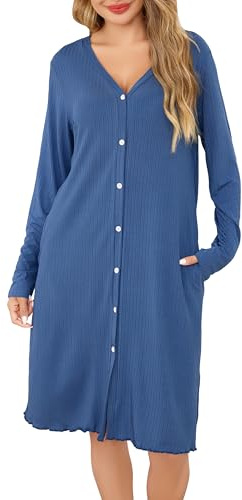 Sopesil Camicia da Notte Donna Maniche Lunghe Camicia da Notte Aperta Davanti con Bottoni e Collo a V Pigiama Vestito Donna Morbido per Dormire Casa Relax Blu Secco,XL
