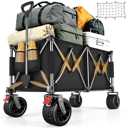 YEAUPE PRO Carrello Spiaggia Pieghevole XXXL – Doppi freni, doppia forcella rinforzata, ruote grandi, manico regolabile, rete elastica inclusa, carrello con ruote portatutto – 250kg/260L, Nero Carbone