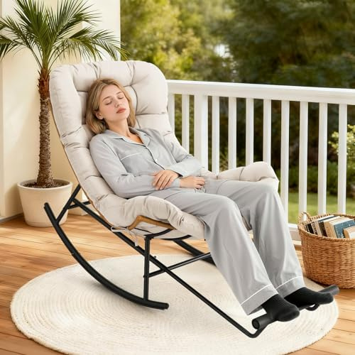 IDEALHOSUE Papasan Rocking Chair with Foot Rest, Ergonomic Papasan Chair with Thick Waterproof Cushion, Metal Frame & PE Rattan Lounge Chairs for Living Room Bedroom Relaxation Space