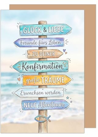 Edition Seidel Premium gratulationskort för konfirmation med kuvert. Konfirmationskort kort gratulationskort ordspråk flicka pojke ungdomar skylt strand hav vågor maritim (KF348 SW026)
