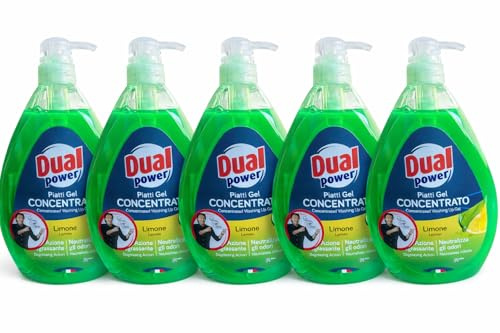 Dual Power Piatti Gel Concentrato Limone – set 5 × 1 L (5 liter) – högkoncentrerad premiumsköljgel – extremt dryg och tjockflytande – endast ca 4 ml till 5 liter vatten – stark fettlösare Veltao-set