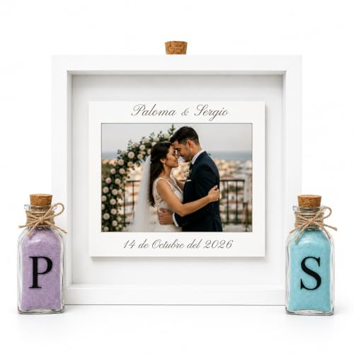 Genérico Ritual de Arena Personalizado para Boda con Marco 25x25 cm, Foto y Botellas de Arena de Colores | Ceremonia de Arena para Novios | Decoración y Recuerdo de Boda Personalizado