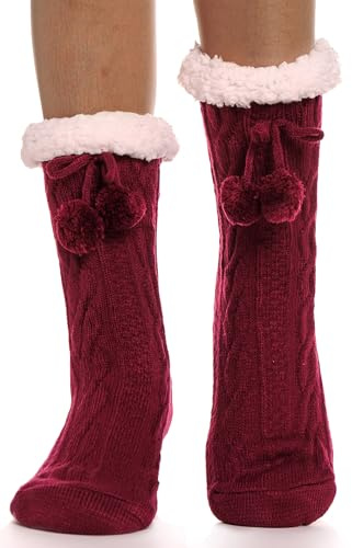 EBMORE Chaussettes Douillettes pour Femmes Chaussettes Antidérapantes Chaudes Chaussettes de Chalet d'Hiver Cadeau de Noël Moelleuses Chaussettes de Noël Pantoufles (Boule Rouge)