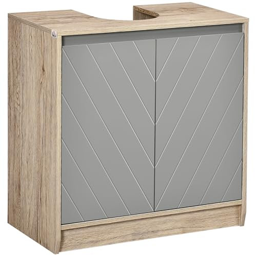 HOMCOM Meuble Salle de Bain sous Lavabo - Meuble sous-Vasque - Placard 2 Portes avec étagère - dim. 60L x 30l x 59,8H cm - Panneaux Particules chêne Clair Gris