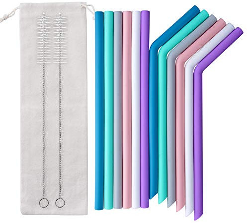 Qoosea Silicone Cannucce Riutilizzabile Cannuccia Riutilizzabili in Silicone per Frullati Tè Caffè Bevande Calde e Fredde per Adulti e Bambini Set di 12 con 2 Spazzole di Pulizia