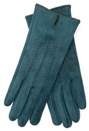 EEM women's gloves 100% vegan, velor look, soft elastic material, cuddly teddy fleece, dark green onesize