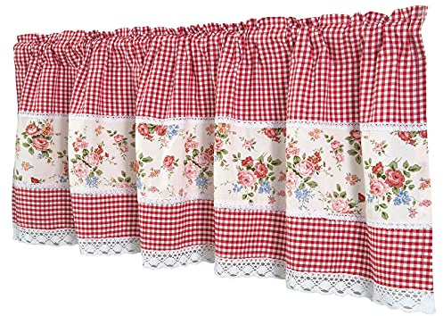 Dreamskull Rideau Brise-bise Style Maison de Campagne Moderne Opaque Court Rideau de Cuisine Passe Tringle avec Fleurs Dentelle 150 cm de Large Motif à Carreaux pour Petites fenêtres