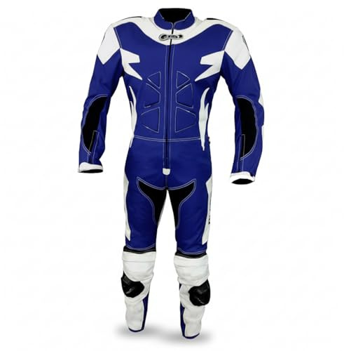 BI ESSE - MOTO overall i läder och tyg, perfekt för gata, långa resor, touring, pitbike, komplett med puckel och certifierat styvt skydd (blå/vit, 3XL)