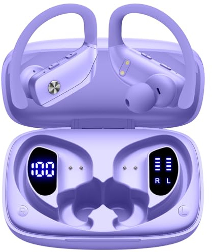 bmani Ear Buds Wireless Earbuds Bluetooth Headphones with 80H Playtime LED Display Case, Over-Ear Hook with Mic, Stereo Sound, Easy Button Controls, Sports Earphones for Running Workout Gym Purple