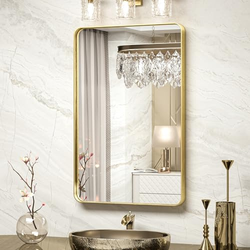 TokeShimi 20 x 30 Inch Gold Bathroom Wall Mirror Vanity Metal Frame Round Corner Rectangular for Home Decor Living Room Entryway (Horizontal/Vertical)