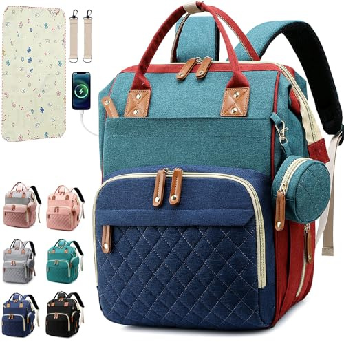 SHITIESHOU Wickelrucksack, Wickeltasche für Baby, Mädchen und Junge, mit Polster, 16 Taschen, Farbig, L