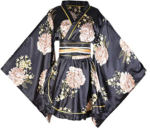 Disfraz de kimono corto sexy para mujer, vestido Yukata, estampado floral, bata de geisha tradicional japonesa, traje de baño con cinturón, 47# Negro, Talla única