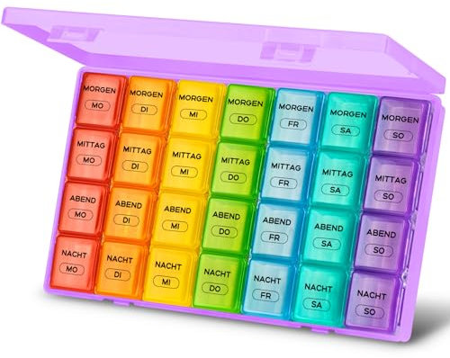 Tablettenbox 7 Tage Große Fächer, Medikamentenbox 7 Tage 4 Fächer BPA Frei Tablettenbox 7 tage Morgens Mittags Abends Nachts, Pillendose Große Fächer für Kinder äLtere und Arthritische HäNde - Violett