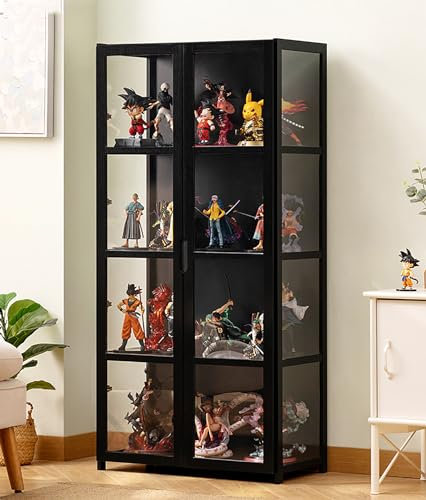 CHAANG glasvitrine vitrine vitrinenschrank sammlervitrine wohnzimmerschrank Natürlicher Bambusrahmen, Side-by-Side-Türdesign, versiegelt und staubdicht, leicht zu reinigen