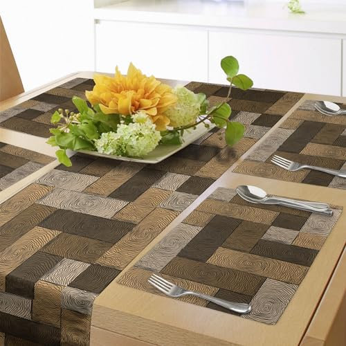 ABAKUHAUS Schokolade Tischläufer & 4 Stück Tischsets, Parkettmuster im Holzstil. Geometrisches Design in von der Natur inspirierter Kunst, Set für die Tischdekoration, 180 cm x 40 cm, Beige Blassbraun