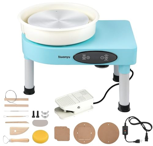 Huanyu Volante de Alfarería de 30cm con Patas Ajustables y Pedal 350W Máquina Eléctrica de Cerámica con Cubeta Desmontable 0-320RPM Máquina Formadora de Cerámica con Kit de Herramientas de Alfarería