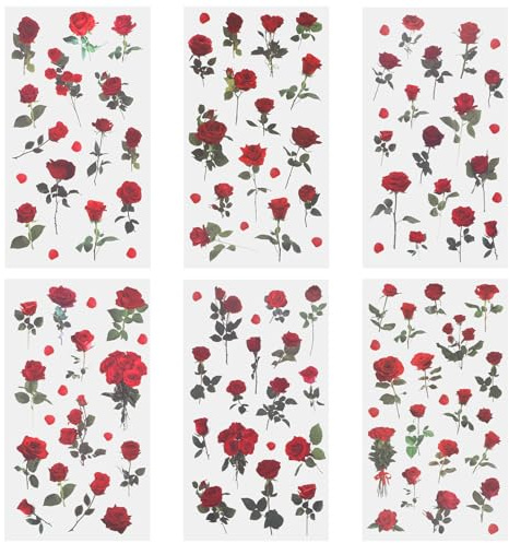 Rose Stickers, 6 Pcs Transparent Floral Decals for Crafts Waterproof Vintage Red Vinyl Flower Themed Stickers for Scrapbook Supplies Card Making Journaling Water Bottles DIY Crafts Decoration