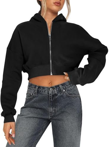 Arevill Damen Sweatjacke Bauchfrei Kapuzenpullover Langarm Kurz Hoodie Sweatshirt Crop Kapuzenjacke