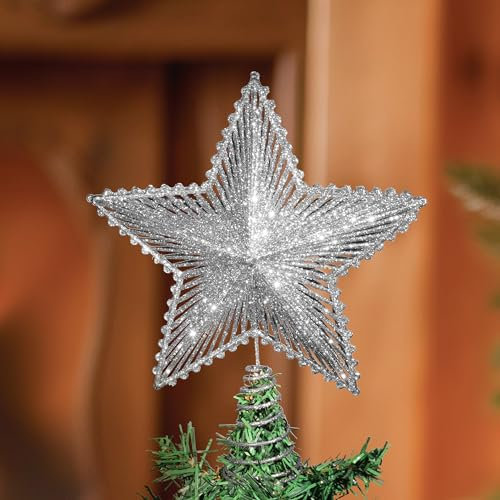 Lollanda Weihnachtsbaum Stern, 23cm Glitzer Metall Weihnachtsbaumspitze, Weihnachten Christbaumspitze Stern Weihnachtsbaum Topper Spitzen Deko (Silbrig 1)