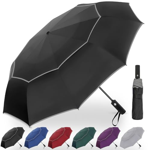 Satol 62 Inch Large Portable Golf Umbrella with Reflective Stripe, Windproof 10 Ribs Vented Double Canopy Oversize Compact Rain Umbrellas for Travel, Waterproof UV Protection Umbrella Auto Open/Close