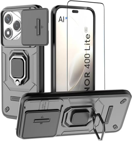 DERHAN Funda para Honor 400 Lite 5G, Carcasa Protectora con Cubierta de Cámara, Soporte de Anillo Metálico y Cristal Templado, Armadura Resistente a Golpes - Negro