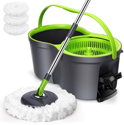 Eukue Serpillière Seau Essoreur, Serpillière Balai en Microfibre avec Manche Télescopique, 2en1 Seau Menage Essoreur à Pédale, Professionnel Balais Serpillère Nettoyer Sol -Gris+Vert